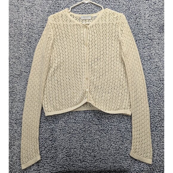 VTG Old Navy Crochet Cardigan Womens LG Button Up Open Knit 90s Y2K Fairy Cream - Picture 1 of 12